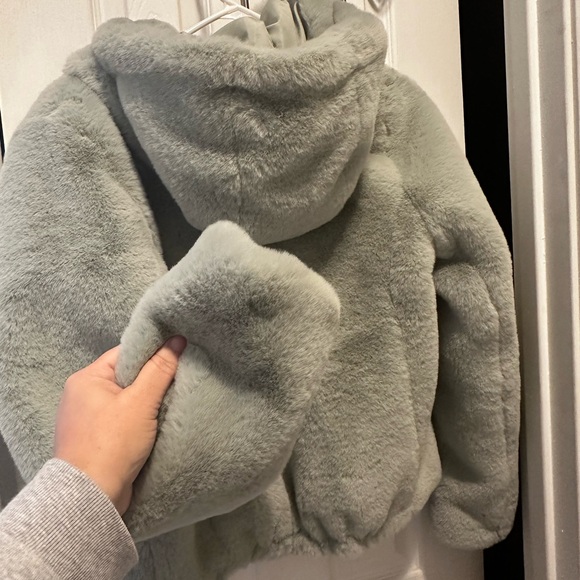 EUC Rachel Zoe Sage Green Faux Fur Jacket w/ Hood - Picture 4 of 6
